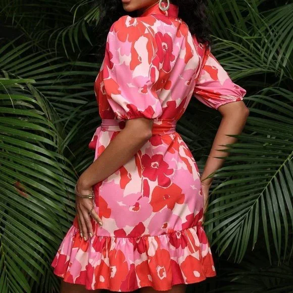 Pink Boho Womens Floral Print Puff Sleeve Ruffle Hem Belted Shirt Dress - Picture 2 of 5